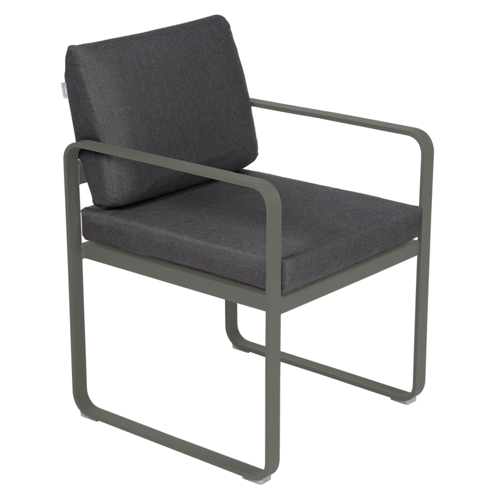Fauteuil de repas Bellevie - une chaise de salle à manger grise avec un cadre noir.
