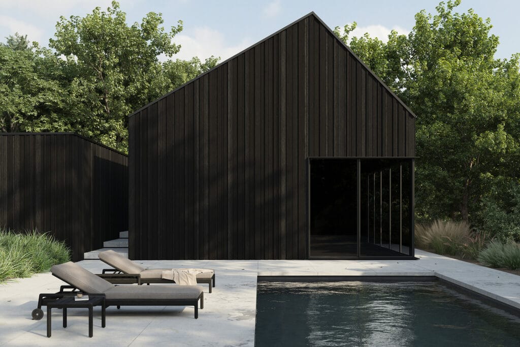 Une maison en teck noir avec piscine et chaise longue Jack, teck noir.