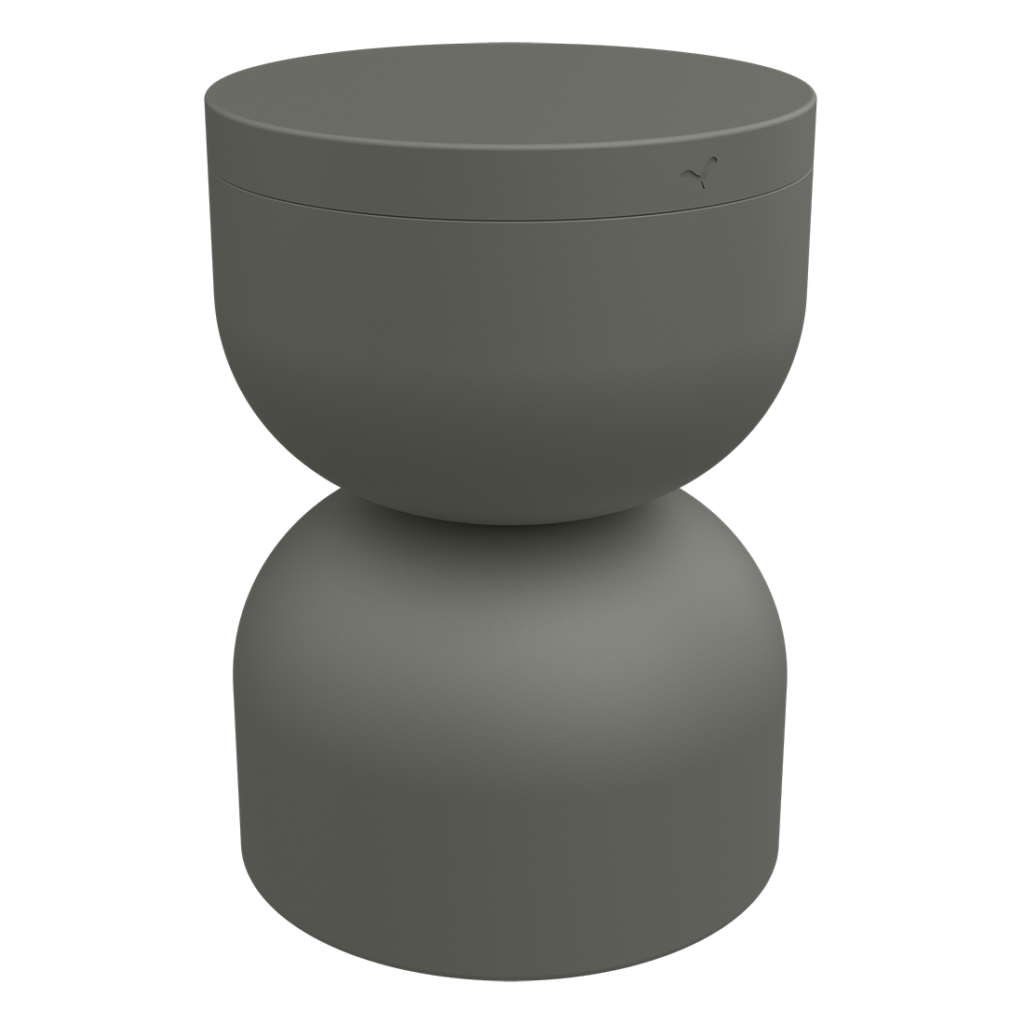 Un tabouret gris avec un plateau rond.