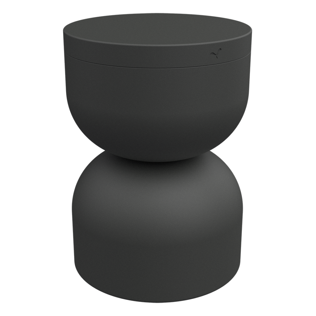 Un tabouret noir avec un plateau arrondi.