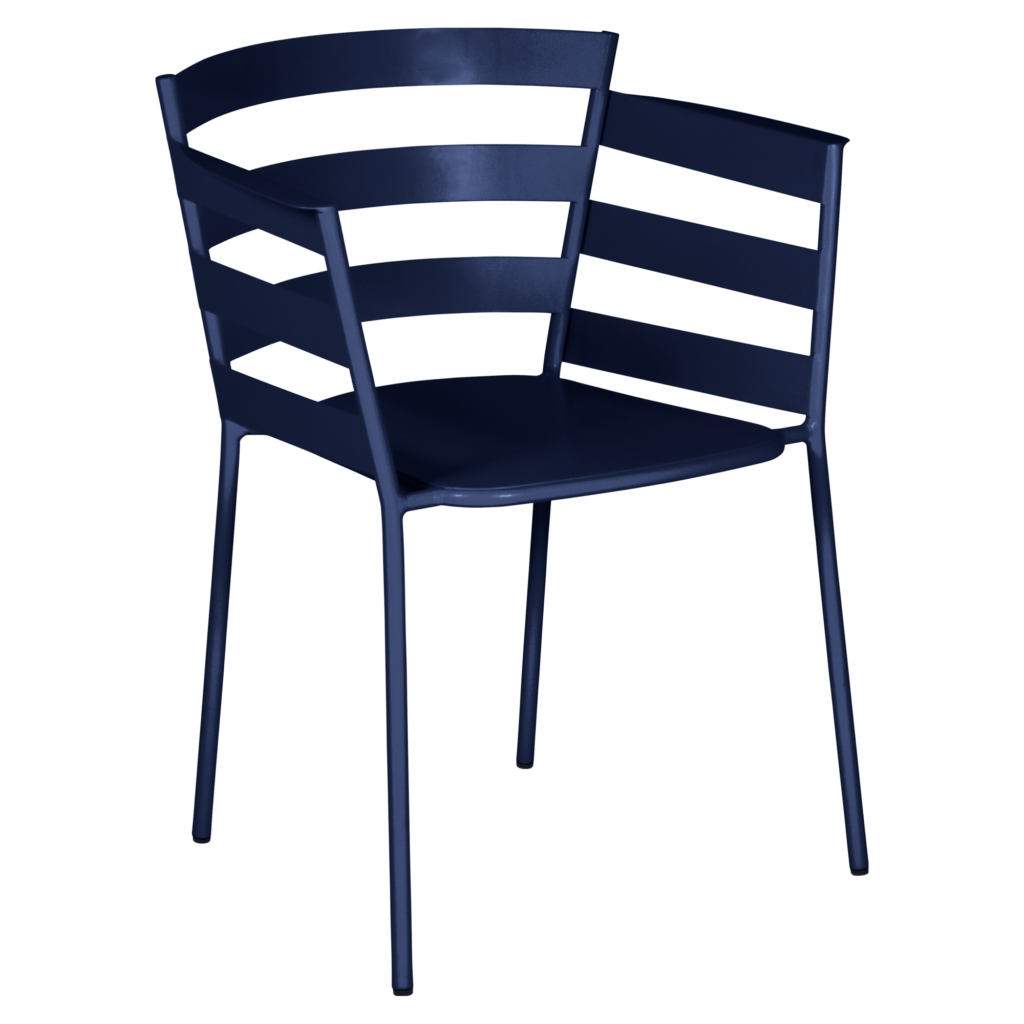 Chaise moderne Fauteuil Rythmic en métal bleu foncé avec un dossier à lattes et quatre pieds droits.