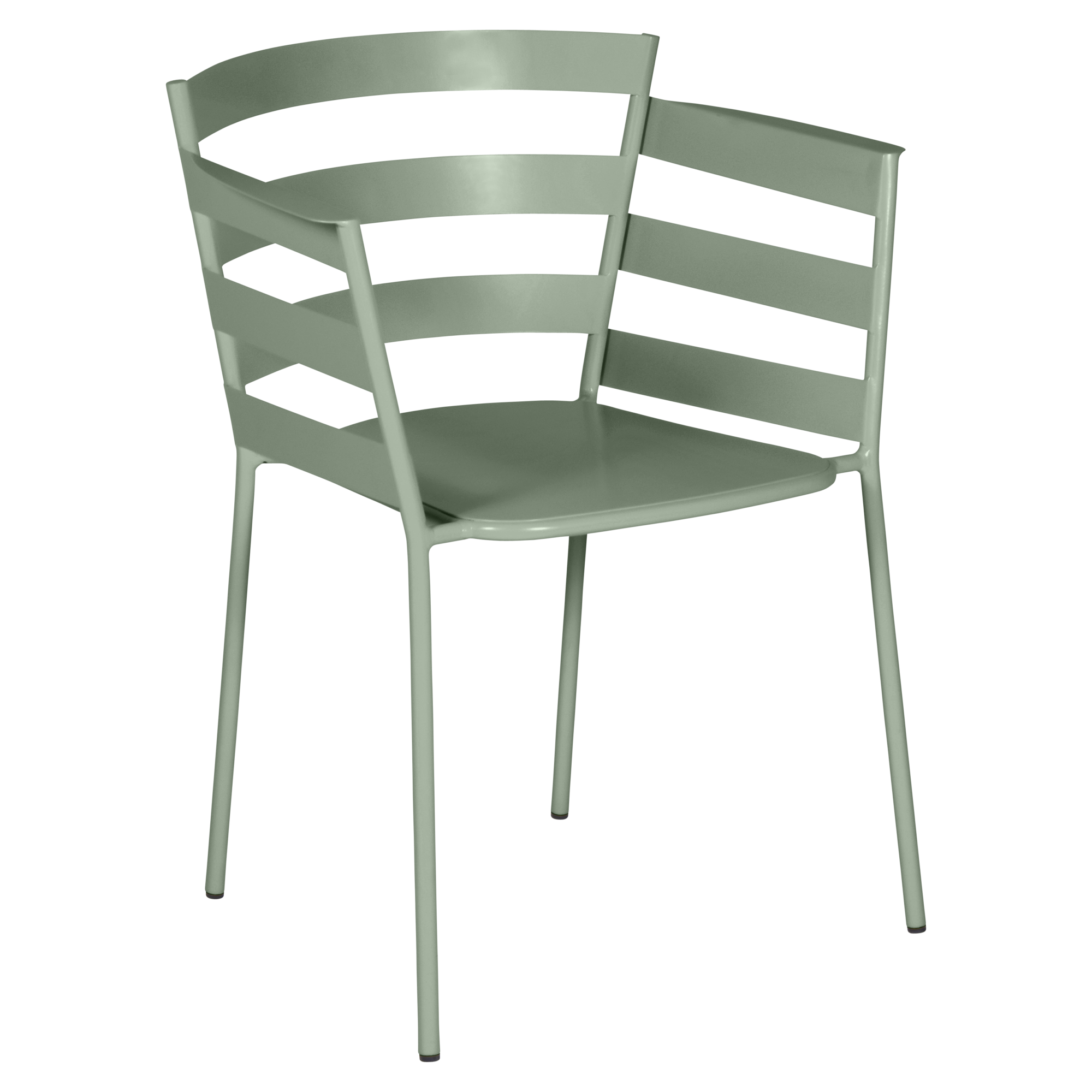 Fauteuil Rythmic moderne en métal vert clair, doté d'un dossier à lattes et de quatre pieds droits, photographié sur un fond noir uni.