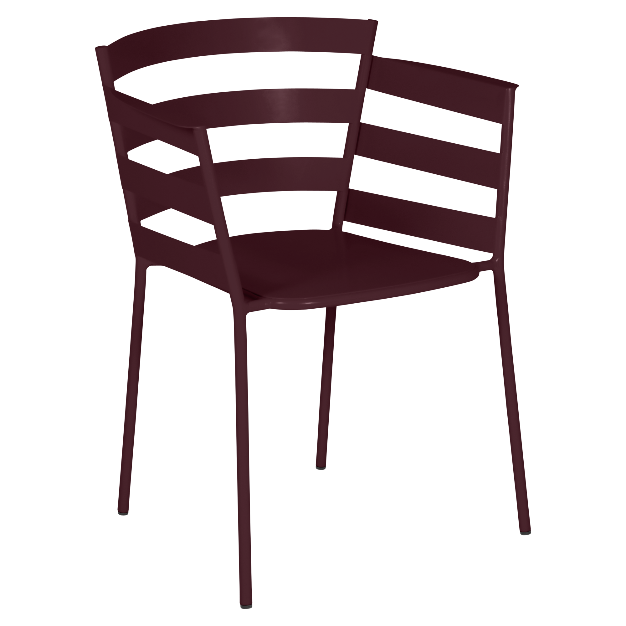 Chaise en métal marron avec dossier et accoudoirs à lattes, dotée de quatre pieds droits et d'un design minimaliste inspiré des lignes épurées du fauteuil rythmic.
