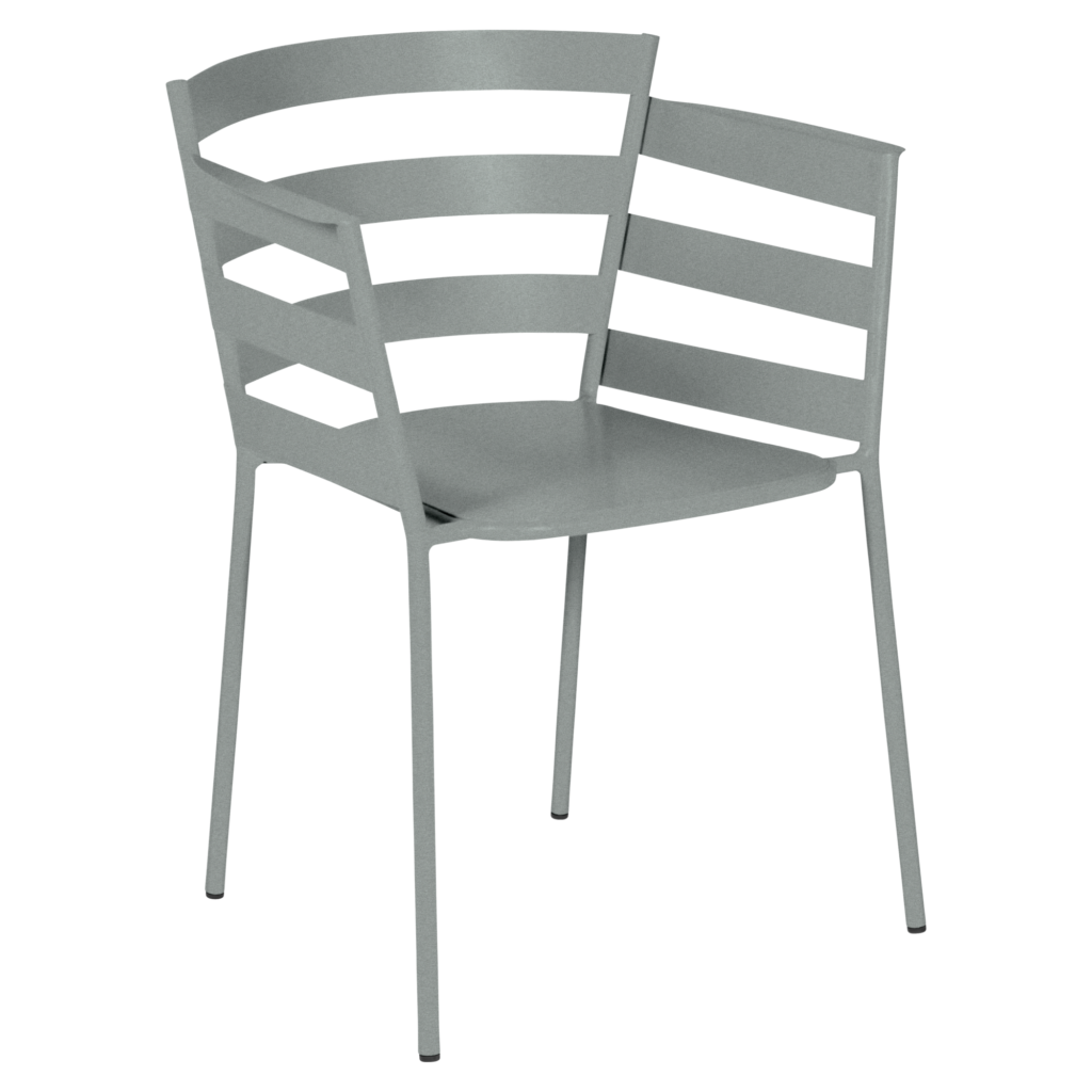 Chaise moderne en métal inspirée du Fauteuil Rythmic, avec quatre pieds, une assise plate et un dossier incurvé à lattes horizontales.