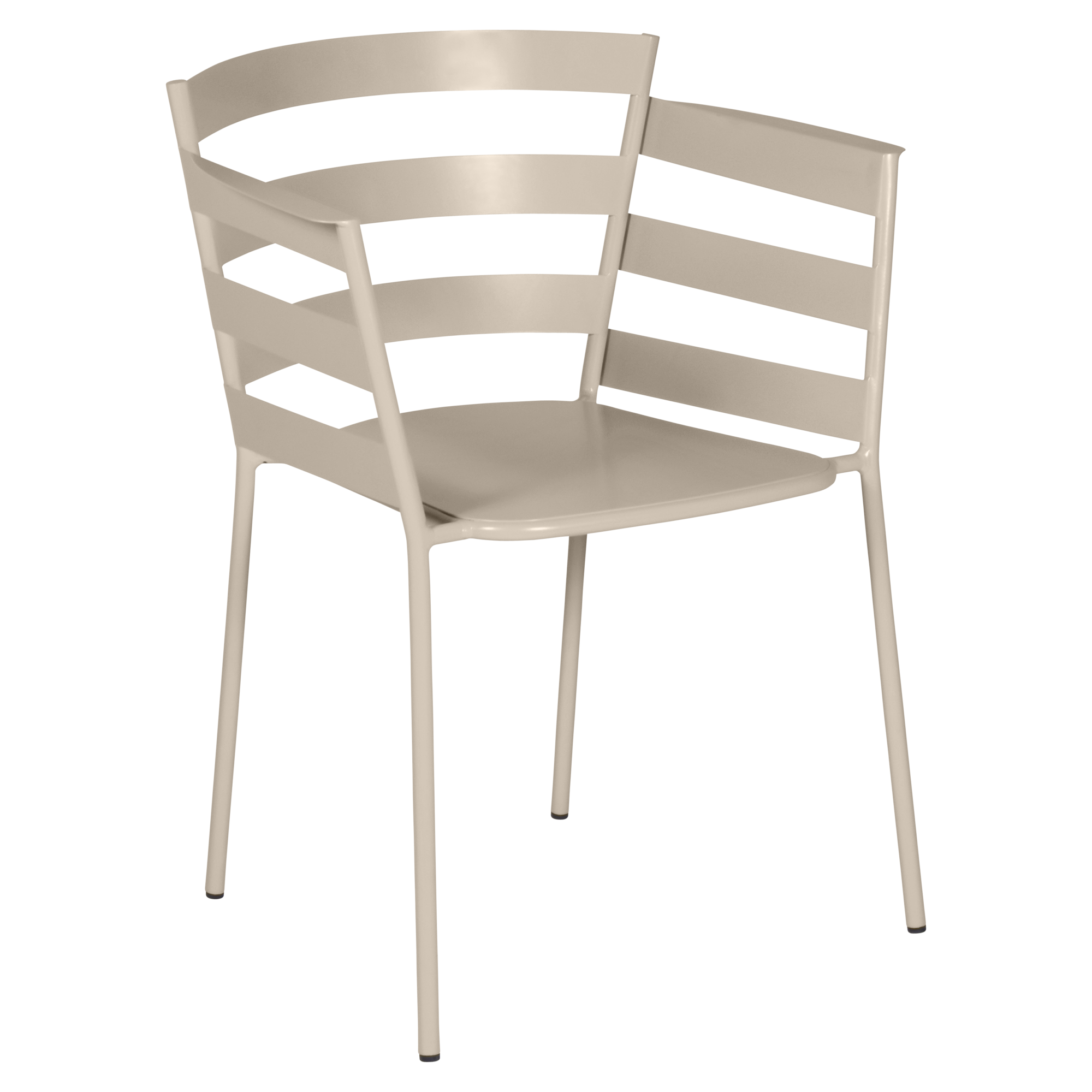 Chaise en métal à quatre pieds, assise plate et dossier incurvé à trois lattes horizontales, le Fauteuil Rythmic allie design moderne et confort classique.
