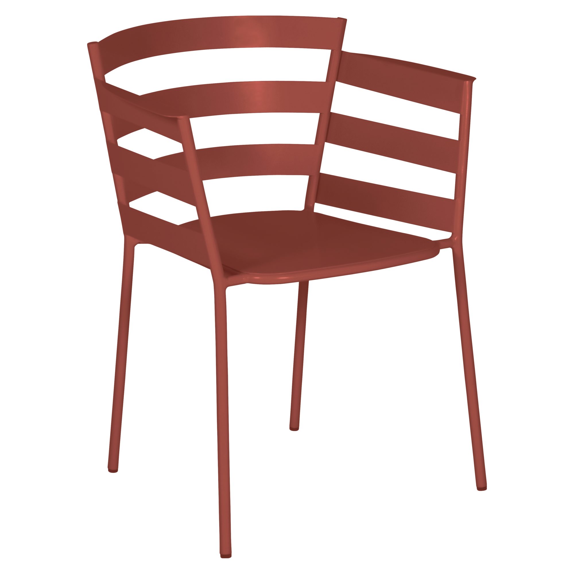 Fauteuil moderne en métal rouge avec dossier à lattes et quatre pieds fins, inspiré du design contemporain de la collection Fauteuil Rythmic.