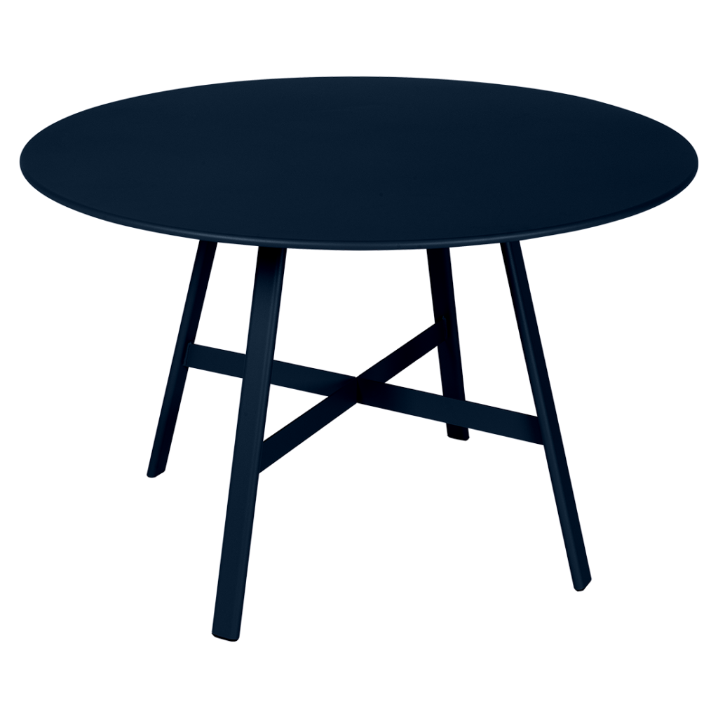 Une Table So'O, diam 117cm avec un plateau noir et pieds noirs, mesurant 117cm de diamètre.
