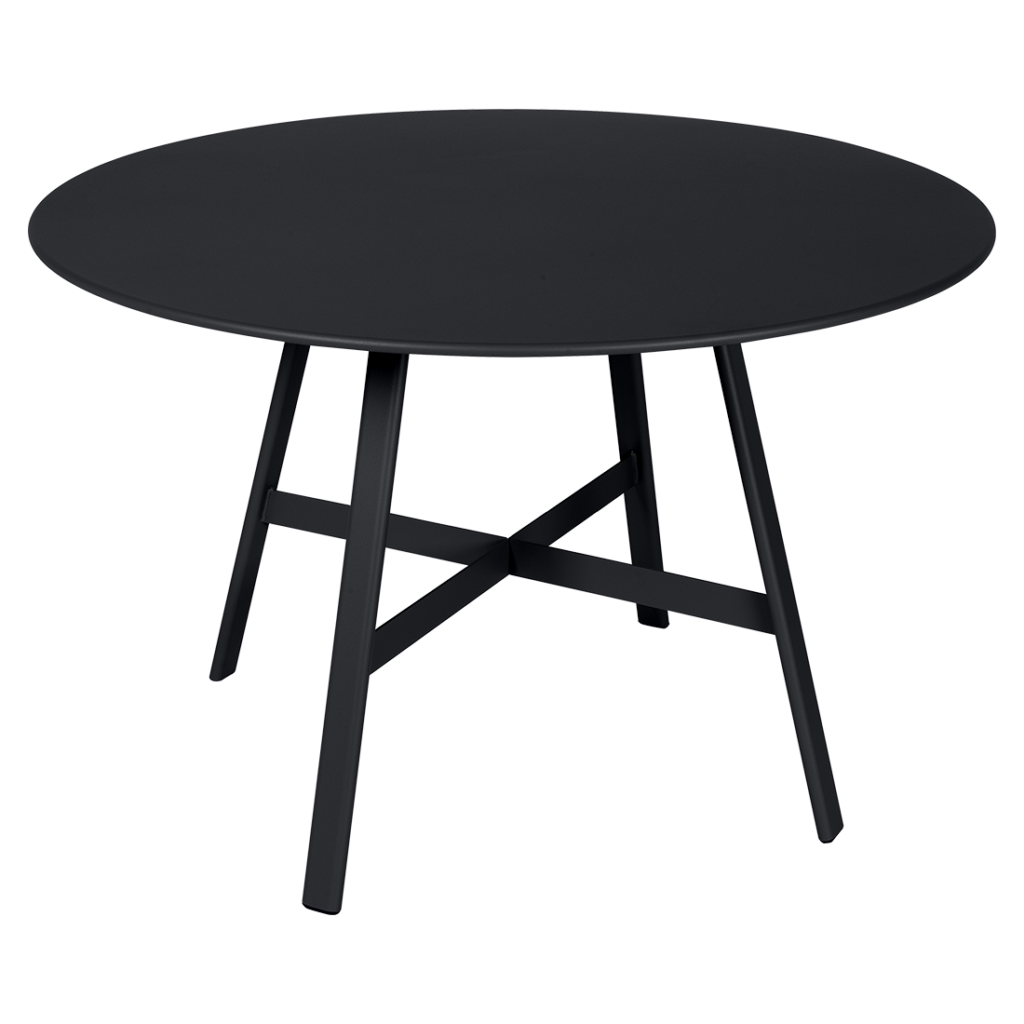 Une Table ronde So'O avec pieds noirs et plateau noir, diamètre 117cm.