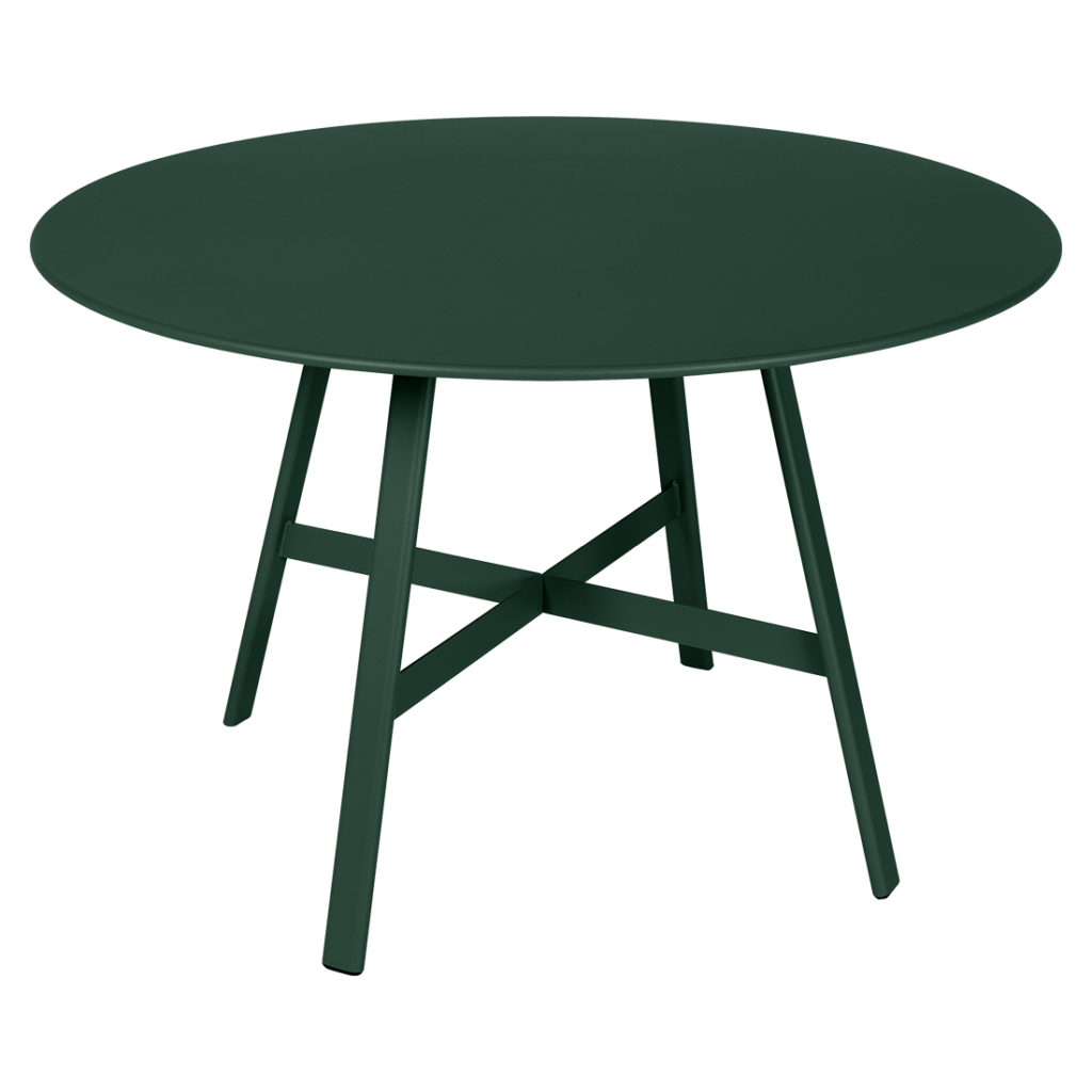 Une Table So'O, diam 117cm de couleur vert foncé avec un piètement en métal.