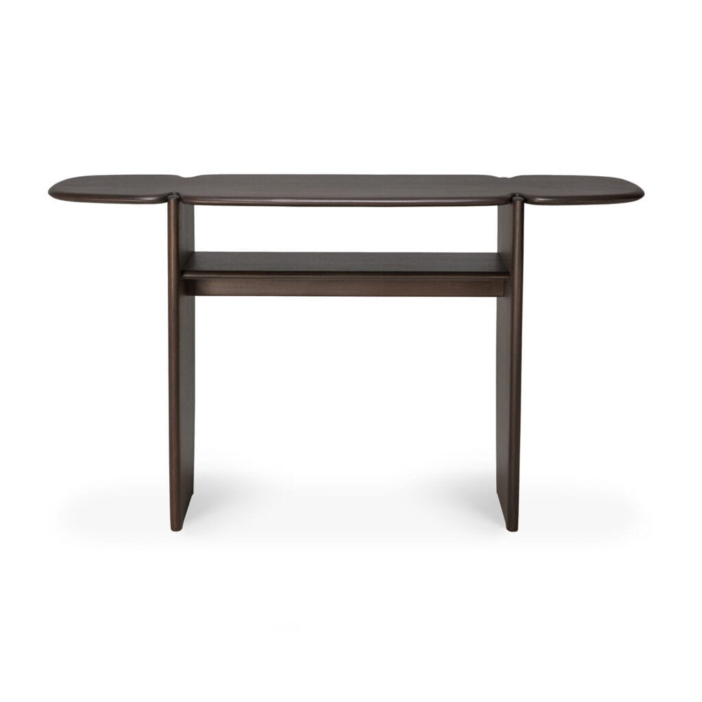 Une table console PI marron foncé avec une étagère sur le dessus, parfaite pour la console PI moderne ou les mots-clés SEO.