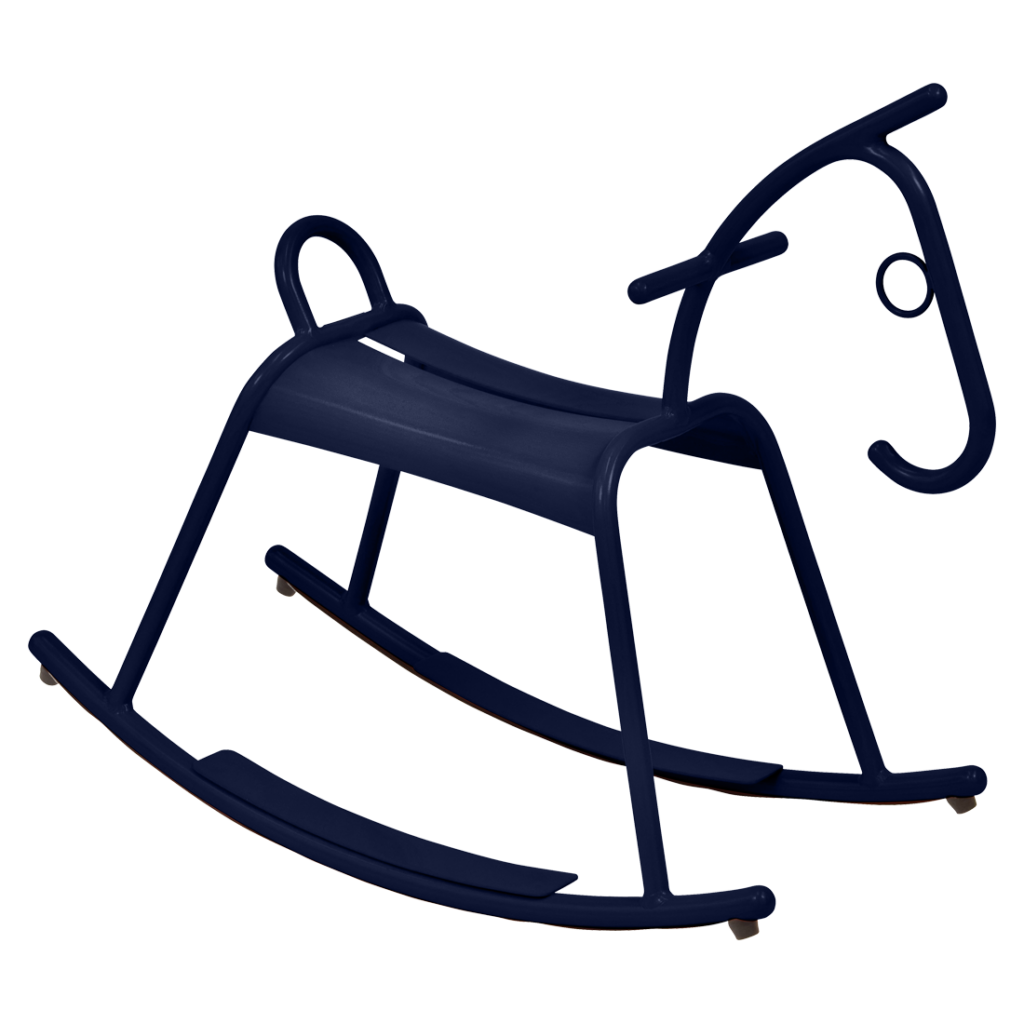 Un Cheval à Bascule en métal noir sur fond transparent, au design épuré et moderne.