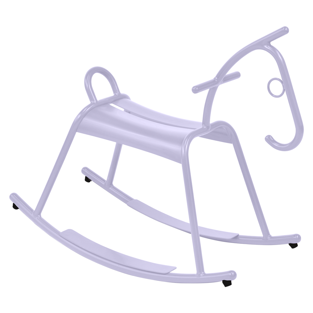 Vue latérale d'un cheval à bascule stylisé et moderne au design minimaliste, principalement dans les tons de gris, nommé "Adada".