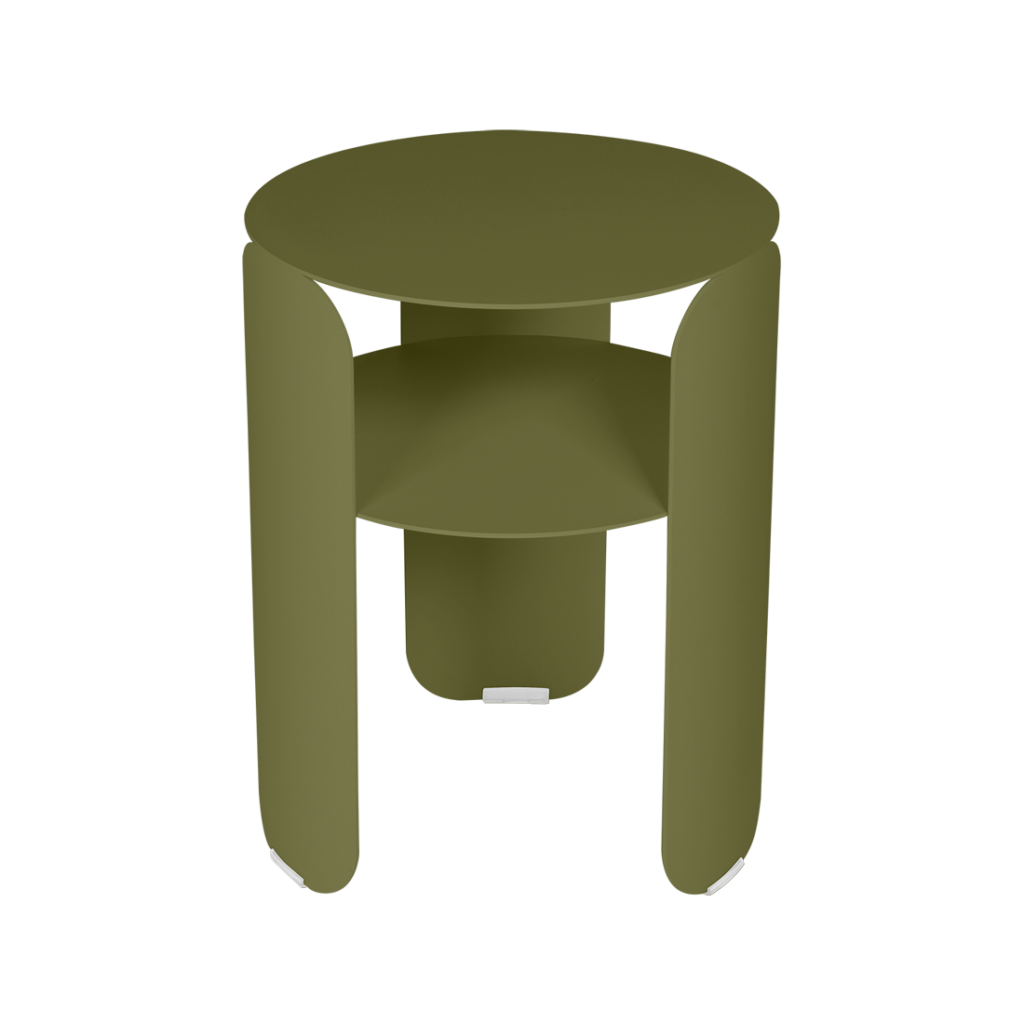 Rendu 3D d'une structure cylindrique verte avec un intérieur géométrique et une découpe rectangulaire à la base, conçue comme une table d'appoint Bebop.