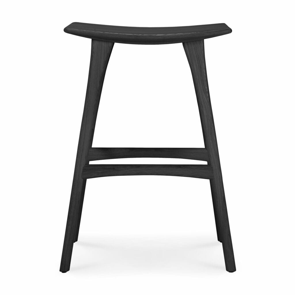 Un tabouret noir sur fond blanc.