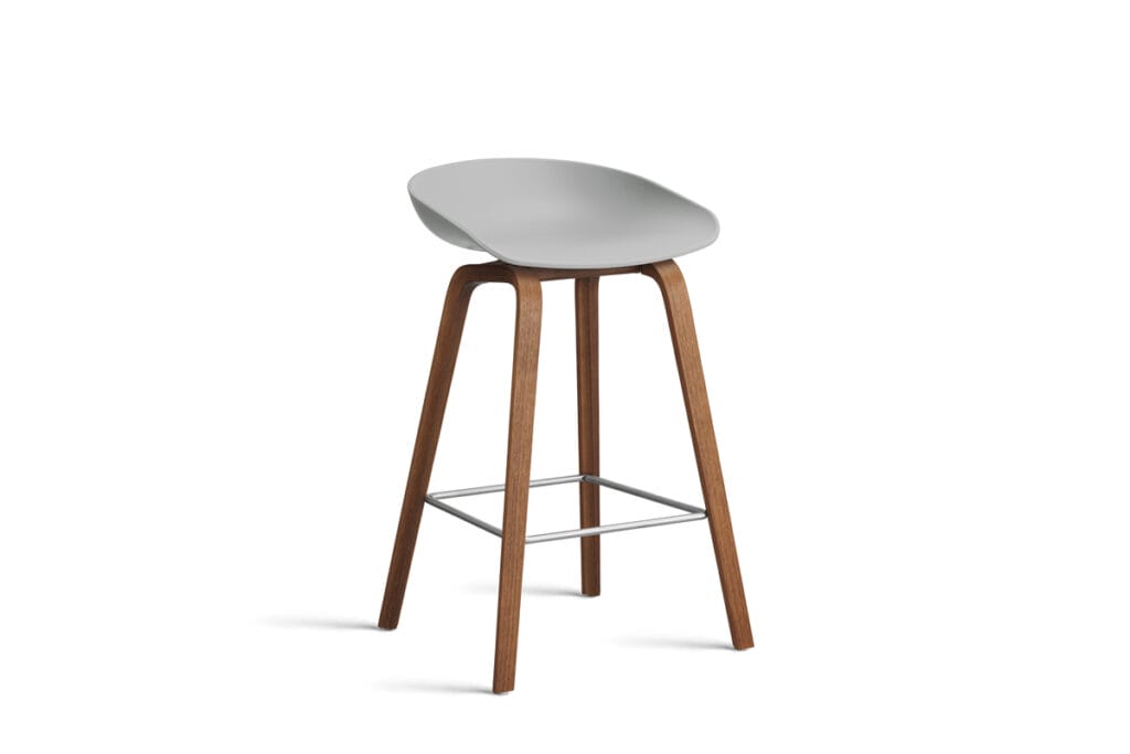 Un tabouret gris avec des pieds en bois.