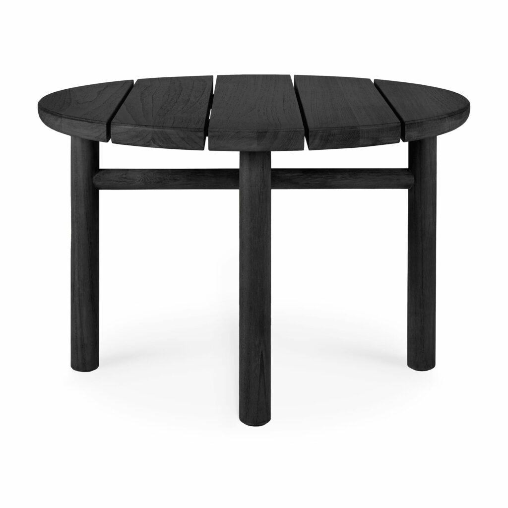 Une table basse en bois noir avec deux pieds sur fond blanc.