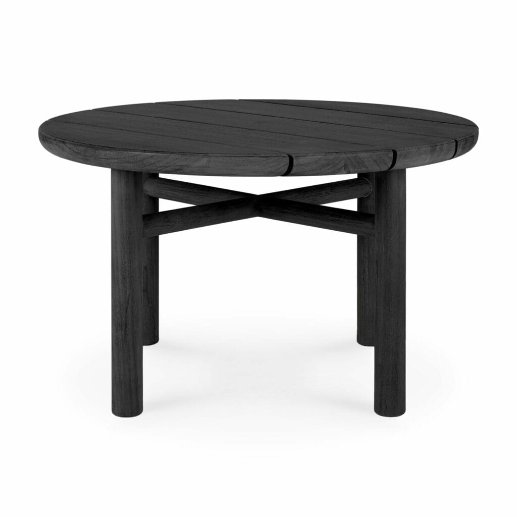 Une table d'appoint Quatro noire avec pied croisé, parfaite pour le jardin.