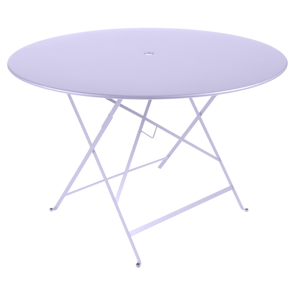 Une table Bistro ronde avec un piètement blanc et un plateau violet, diam 117 cm.
