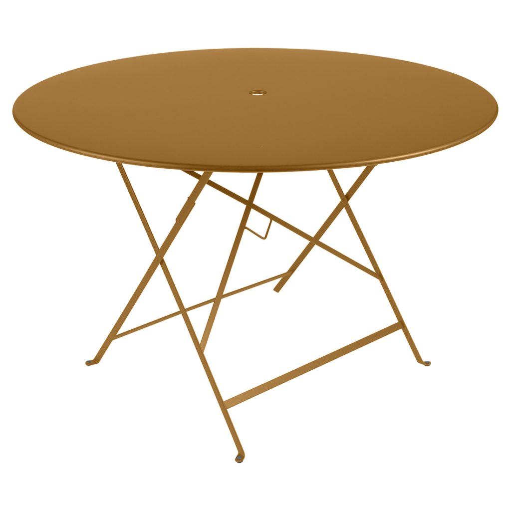 Une table Bistro ronde avec un piètement en métal, mesurant 117 cm de diamètre.