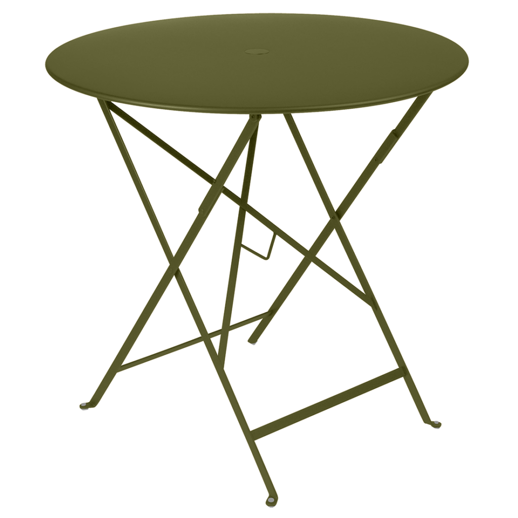 Une table Bistro verte, diam 77 cm, sur fond beige.