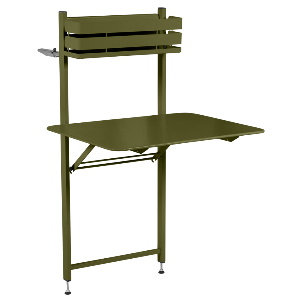 Un bureau pliant vert avec une étagère dessus.