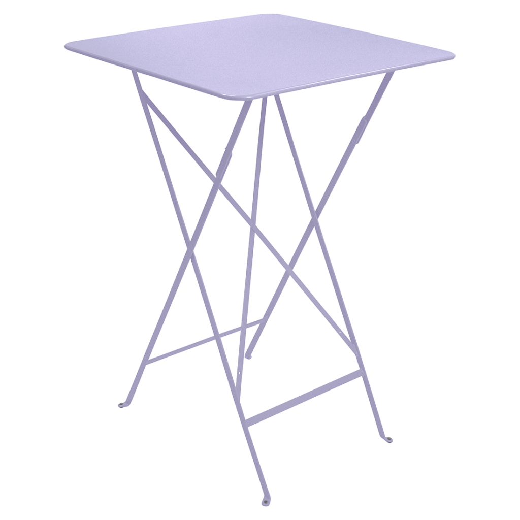 Une table bistro avec une structure en métal couleur lavande.