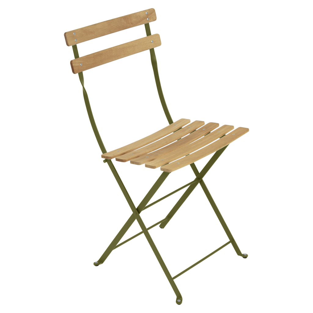Une chaise pliante en bois avec un cadre vert, parfaite pour une chaise bistro.