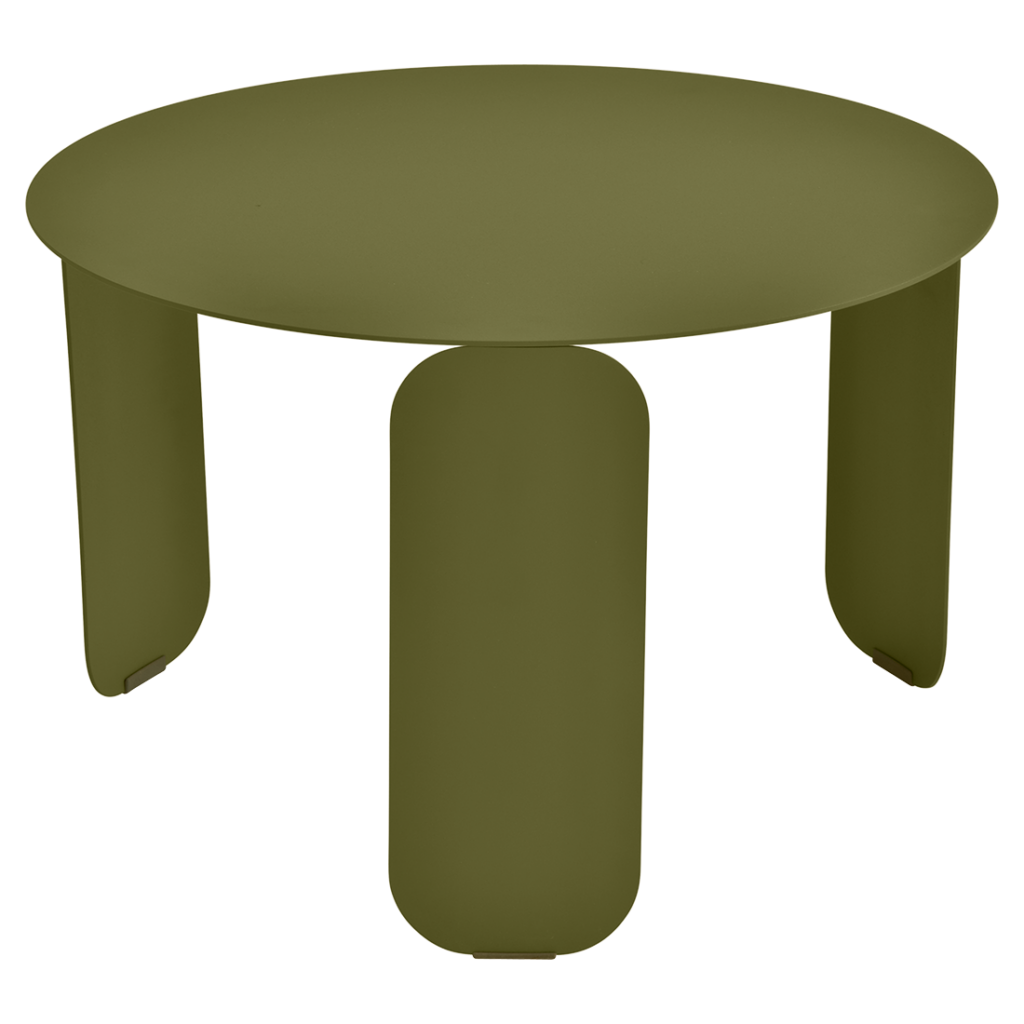 Une table ronde vert olive à deux pieds, diam 60 cm.