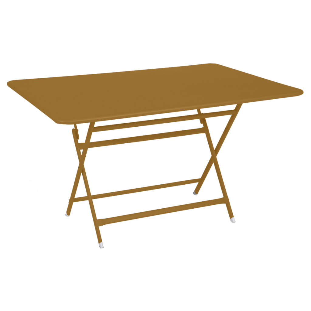 Une table pliante marron (Table pliante), mesurant 128 x 90 cm, se dresse sur un fond marron.