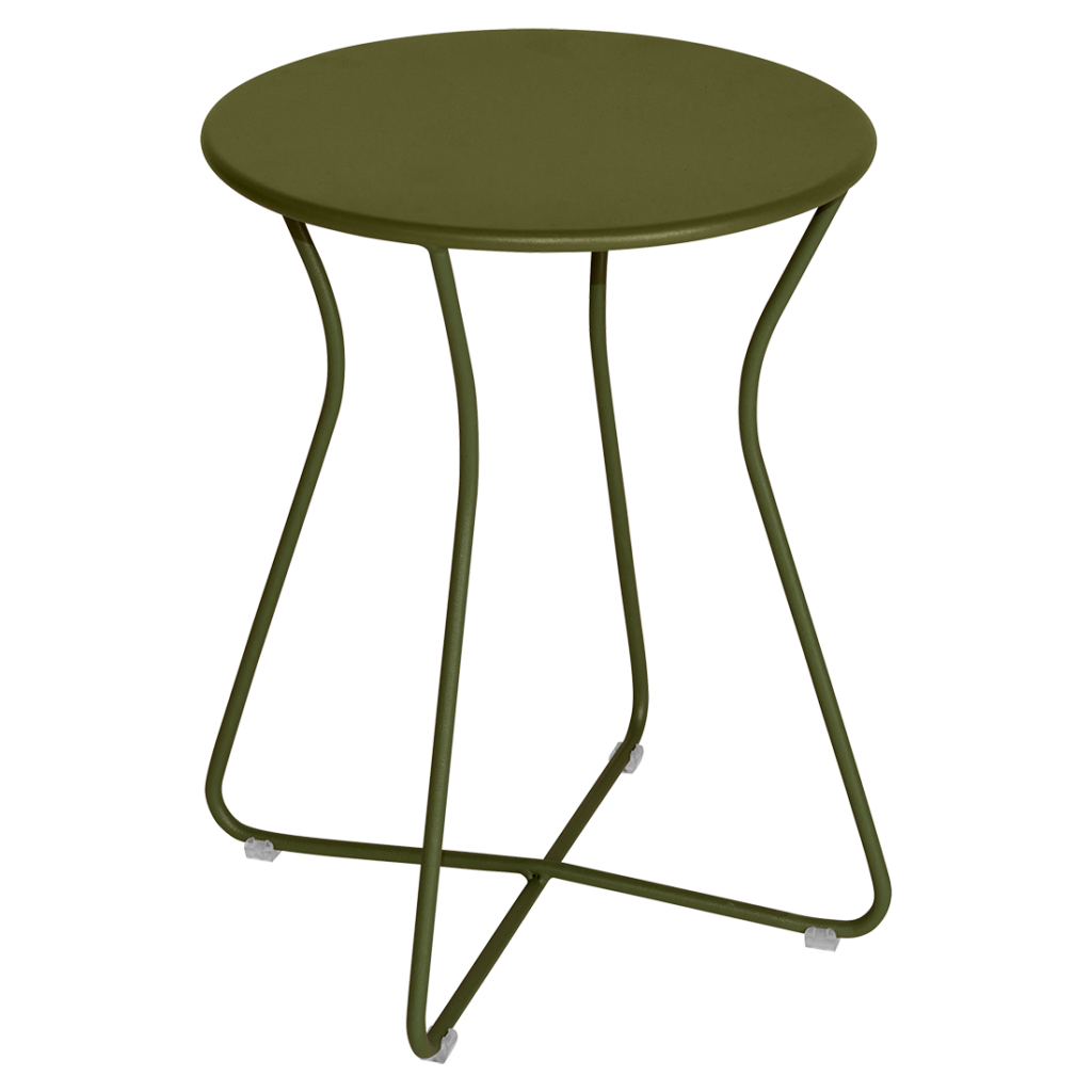 Une table d'appoint en métal vert avec une base en métal.