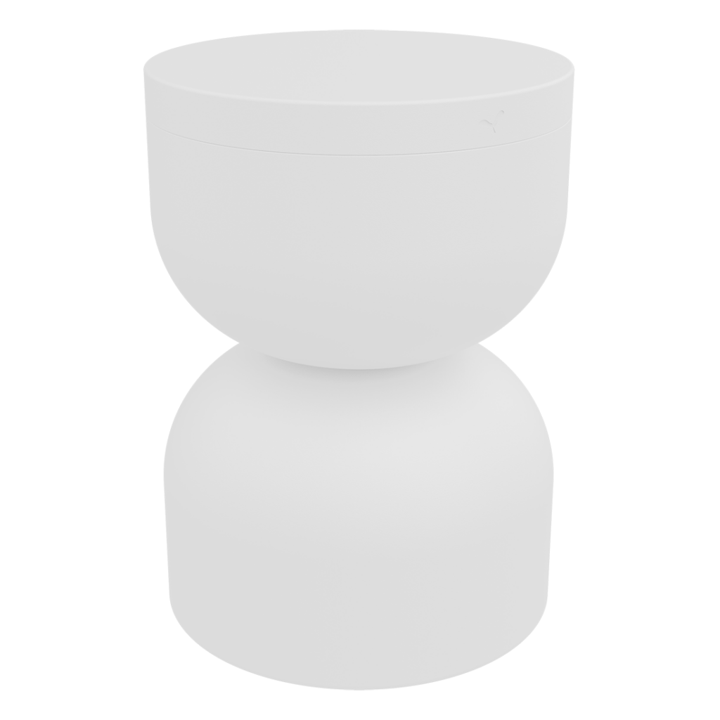 Un tabouret blanc avec un plateau rond sur fond blanc.