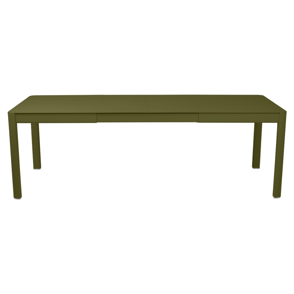 Une table pliante verte avec des allonges sur fond blanc.