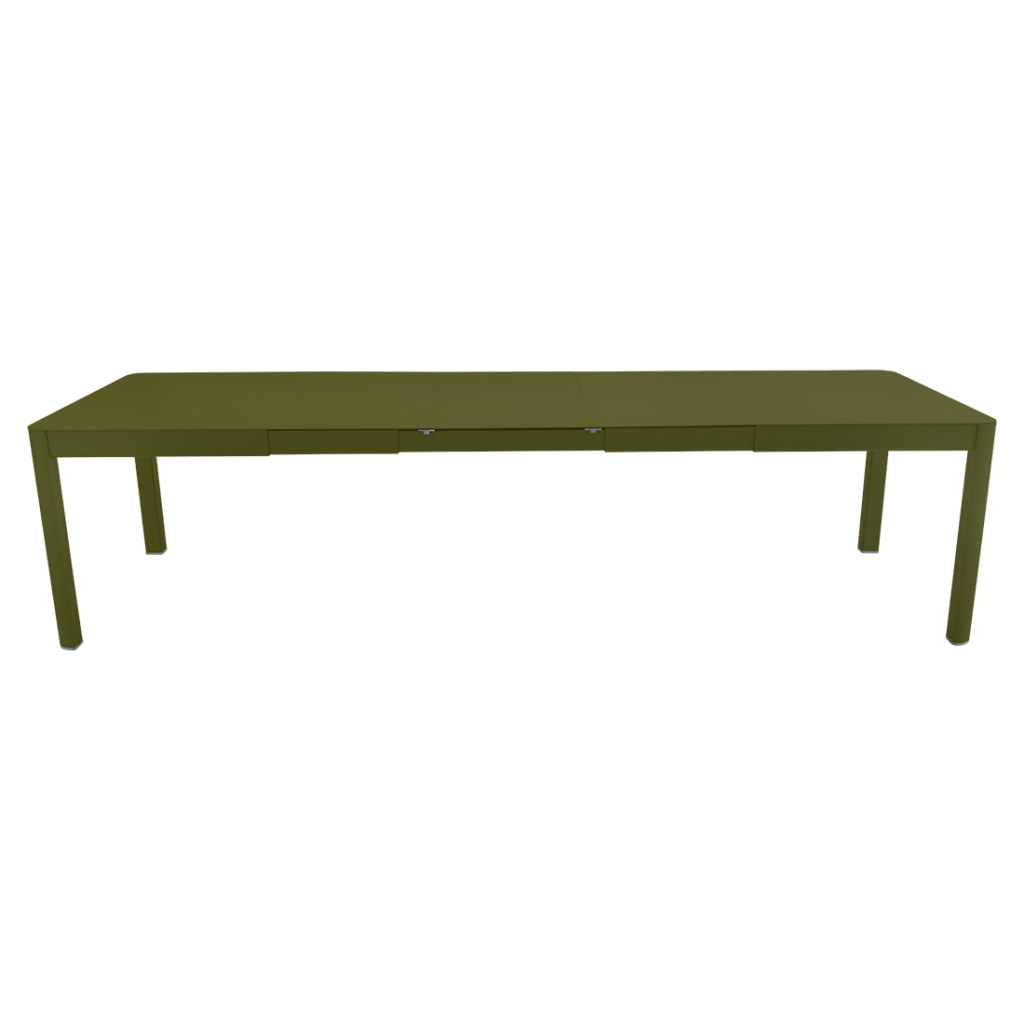 Une table verte avec une structure en métal extensible.