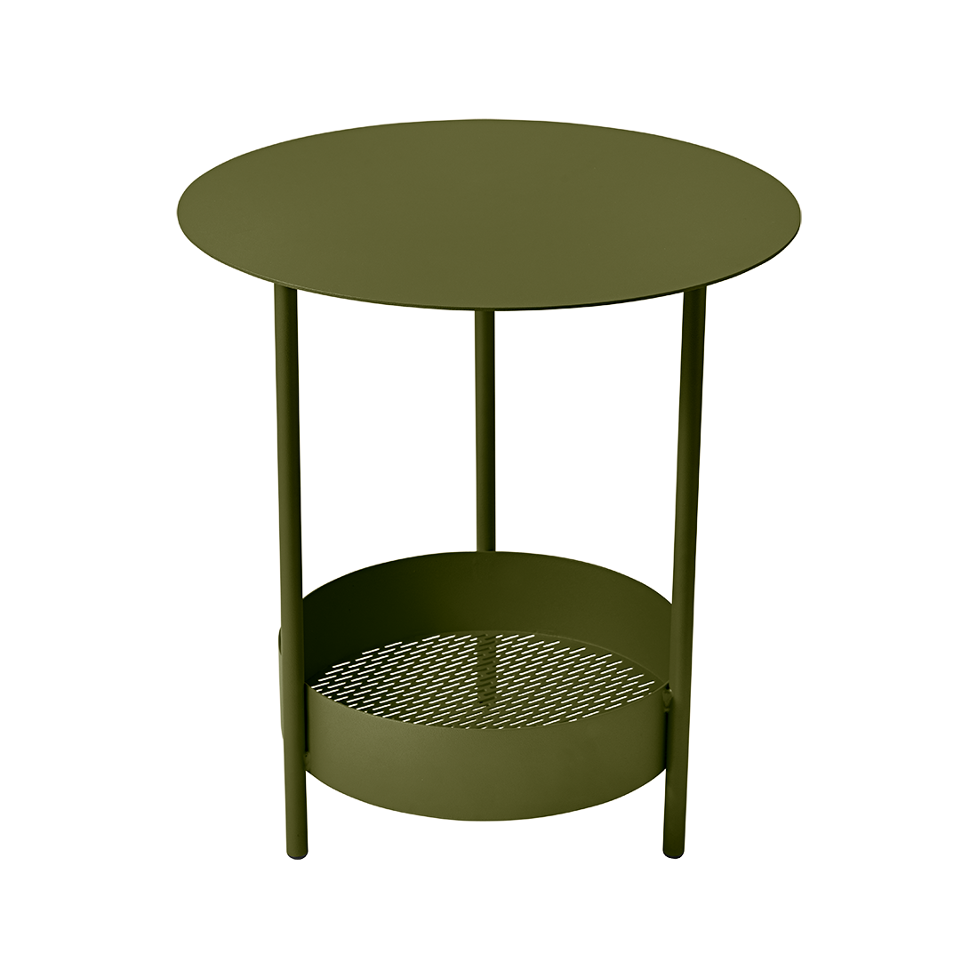 Une table d'appoint verte avec un panier en métal sur le dessus.