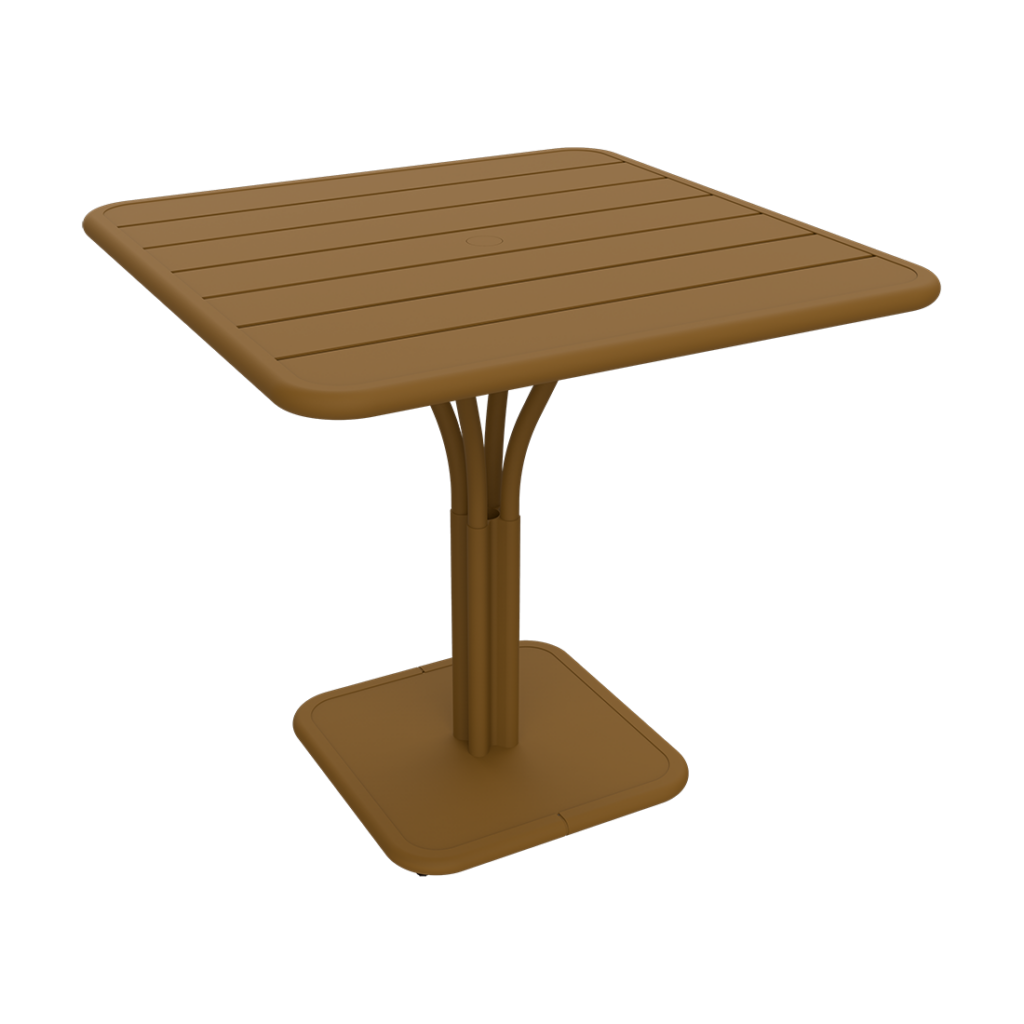 Une table d'extérieur Luxembourg avec une base marron et un pied central.