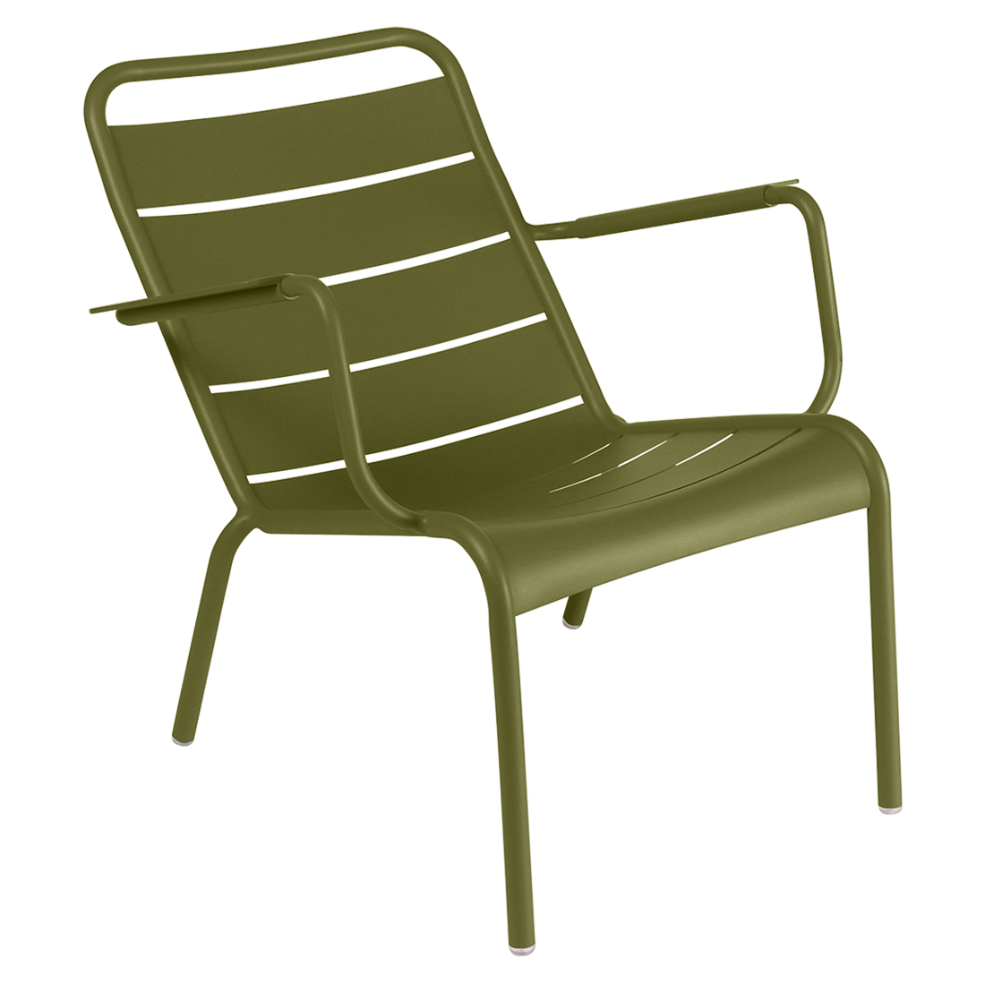 Une chaise longue d'extérieur vert olive, inspirée de la collection Luxembourg.