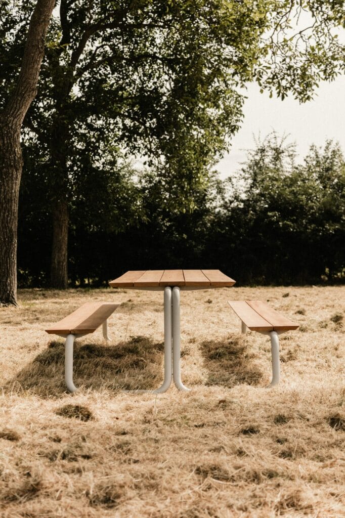 Table de pique-nique en bois dans un champ herbeux avec un arbre en arrière-plan, dotée désormais d'une table de 235 cm.