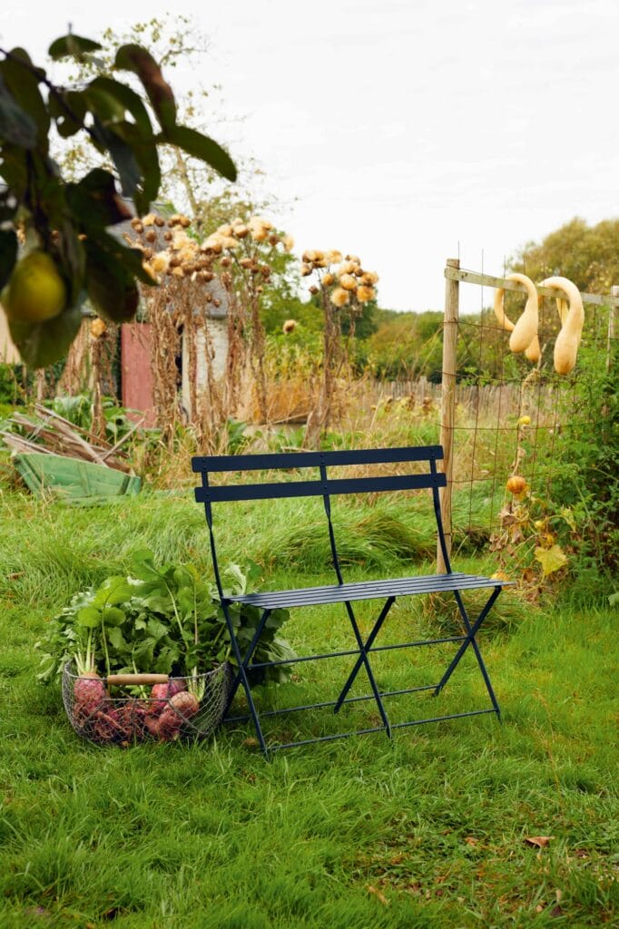 Chaise de jardin bleue avec un panier de légumes sur une pelouse luxuriante, entourée d'une Banquette Bistro 2 places.