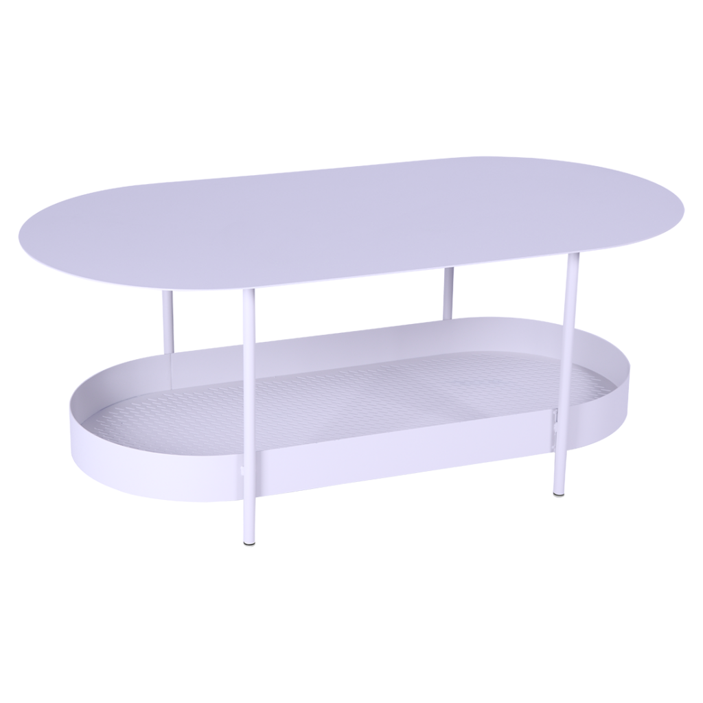 Rendu 3D d'une table basse ovale moderne à deux niveaux avec des surfaces blanches et des supports métalliques, isolée sur un fond rose clair.