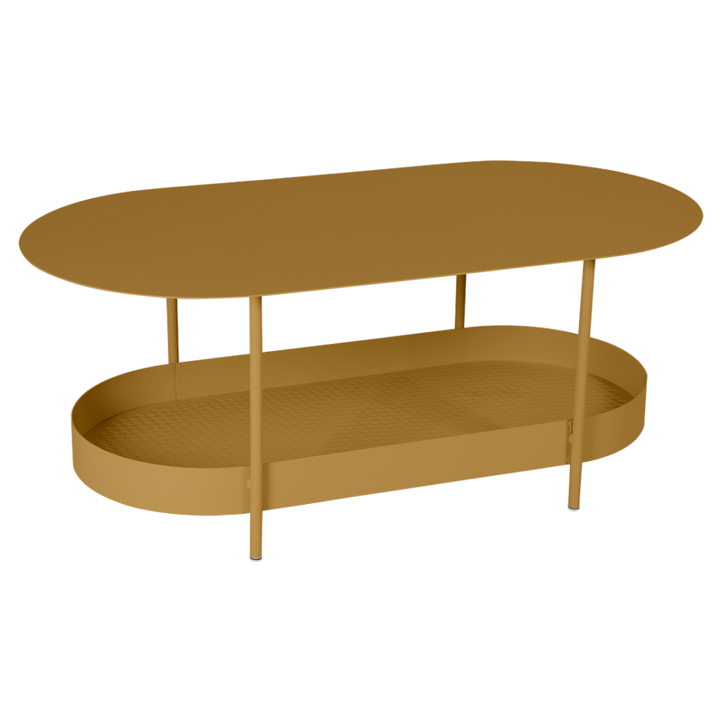 Un rendu numérique d'une table basse ovale moderne à deux niveaux en marron clair, avec un plateau texturé et un cadre minimaliste.