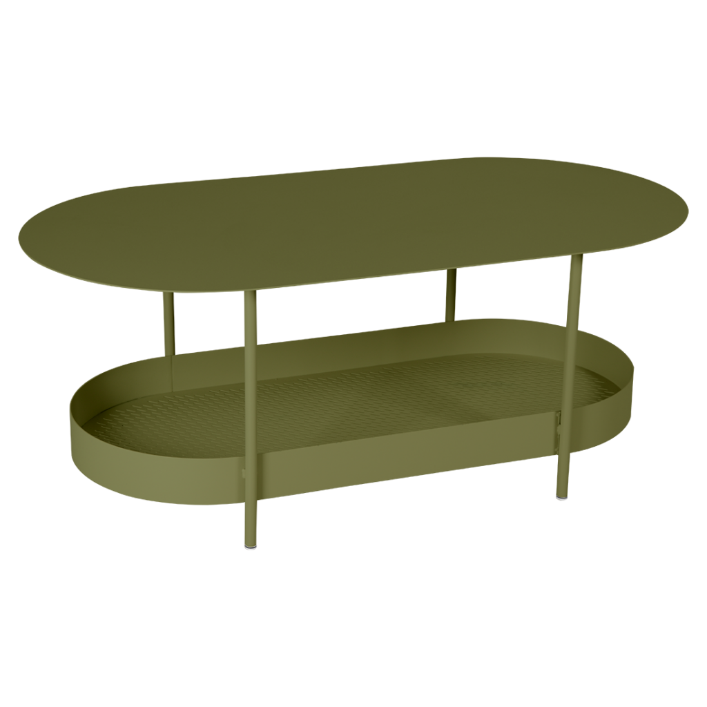 Rendu 3D d'une table cerise noire moderne à deux niveaux, de forme ovale, avec deux colonnes de support centrales.