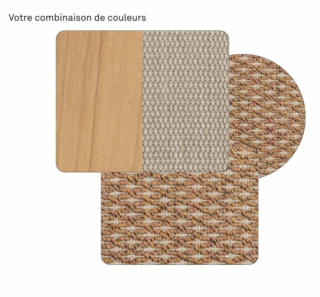Un collage d'échantillons de matériaux comprenant un panneau en bois clair, un tissu tissé gris pâle et un tapis Fauteuil lounge Oda marron multicolore texturé.