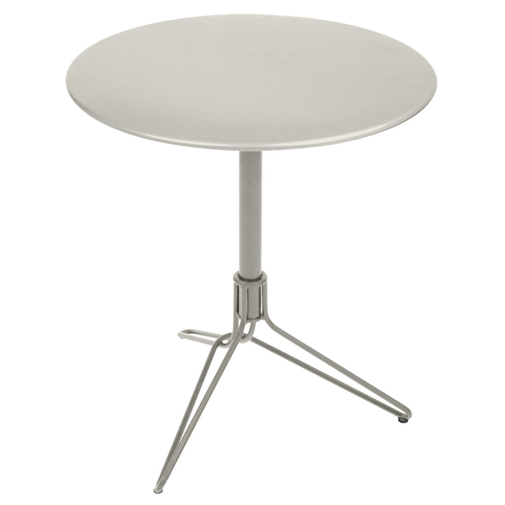Tabouret blanc Guéridon avec base réglable en métal et pieds tripodes, isolé sur fond blanc.