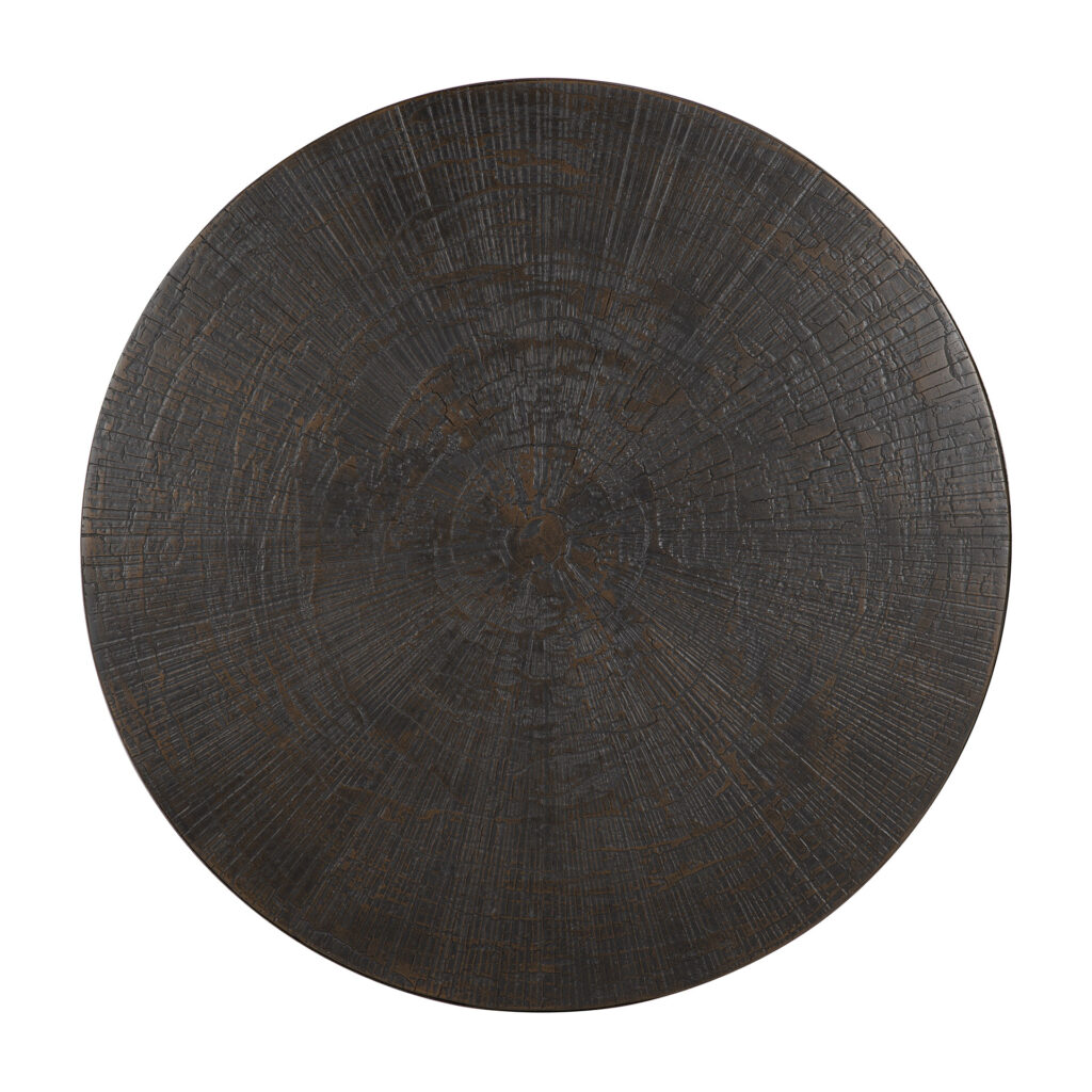 Un plateau de table rond en bois foncé avec une surface texturée et des anneaux concentriques visibles, qui rappelle l'élégante table basse Nesting - Minerals - Slice Umber - ronde - lot de.