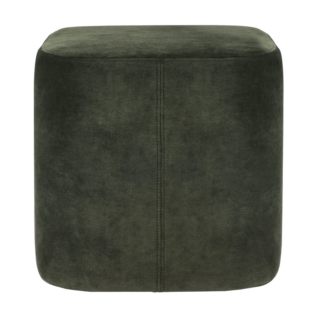 Un pouf carré rembourré vert foncé, rappelant un pouf cube, avec une couture visible au centre de la façade.