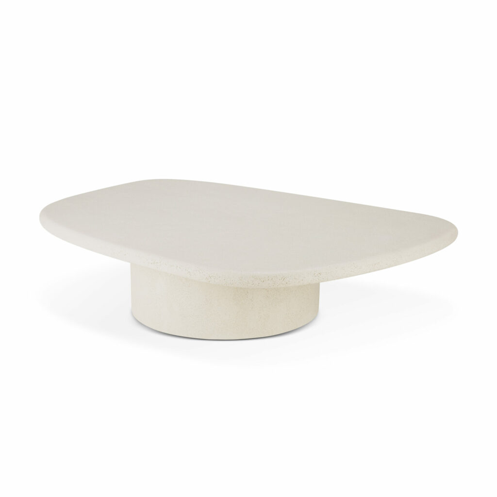 Table basse Elements - Galet moderne et blanche dotée d'un plateau rectangulaire arrondi et d'une base cylindrique, inspirée d'éléments de design épurés.