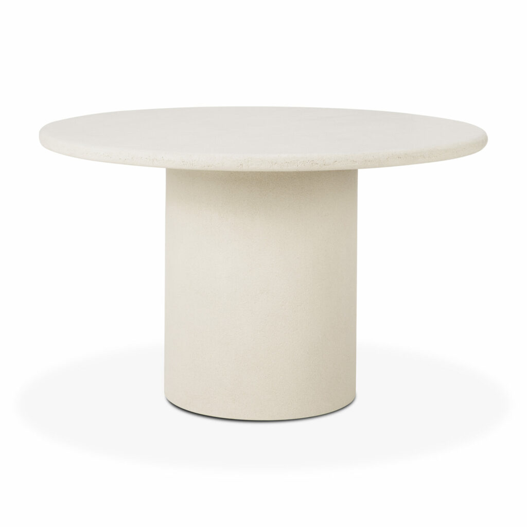 Une table ronde Elements, caractérisée par un plateau plat et une base cylindrique, sur fond blanc immaculé.