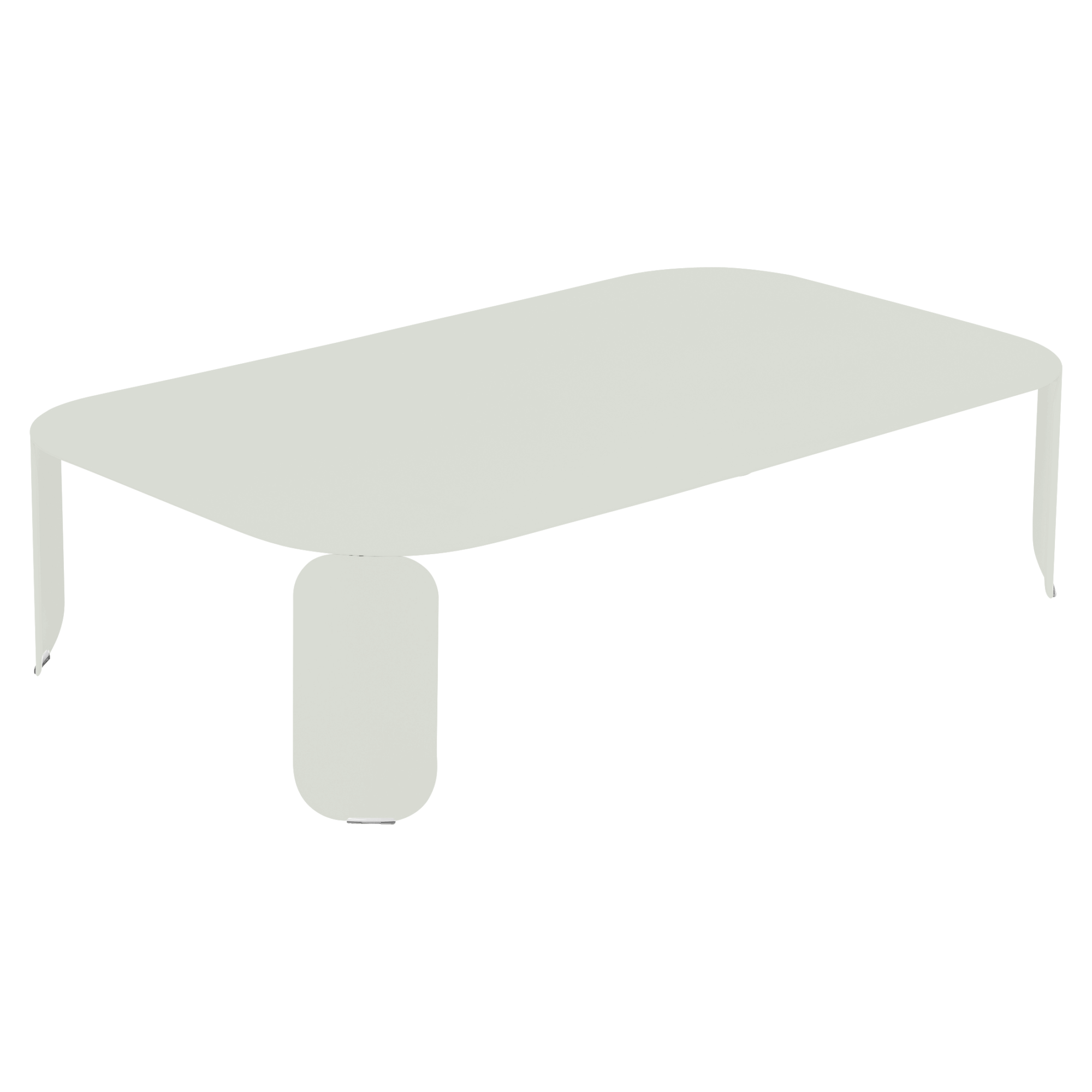 Illustration minimaliste et stylisée d'une table basse rectangulaire aux coins arrondis, présentée sur un fond uni.