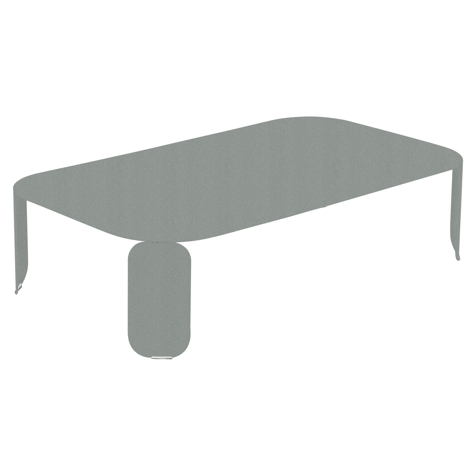 Table basse rectangulaire minimaliste en vert tilleul aux coins arrondis et à trois pieds, présentée sur un fond noir.