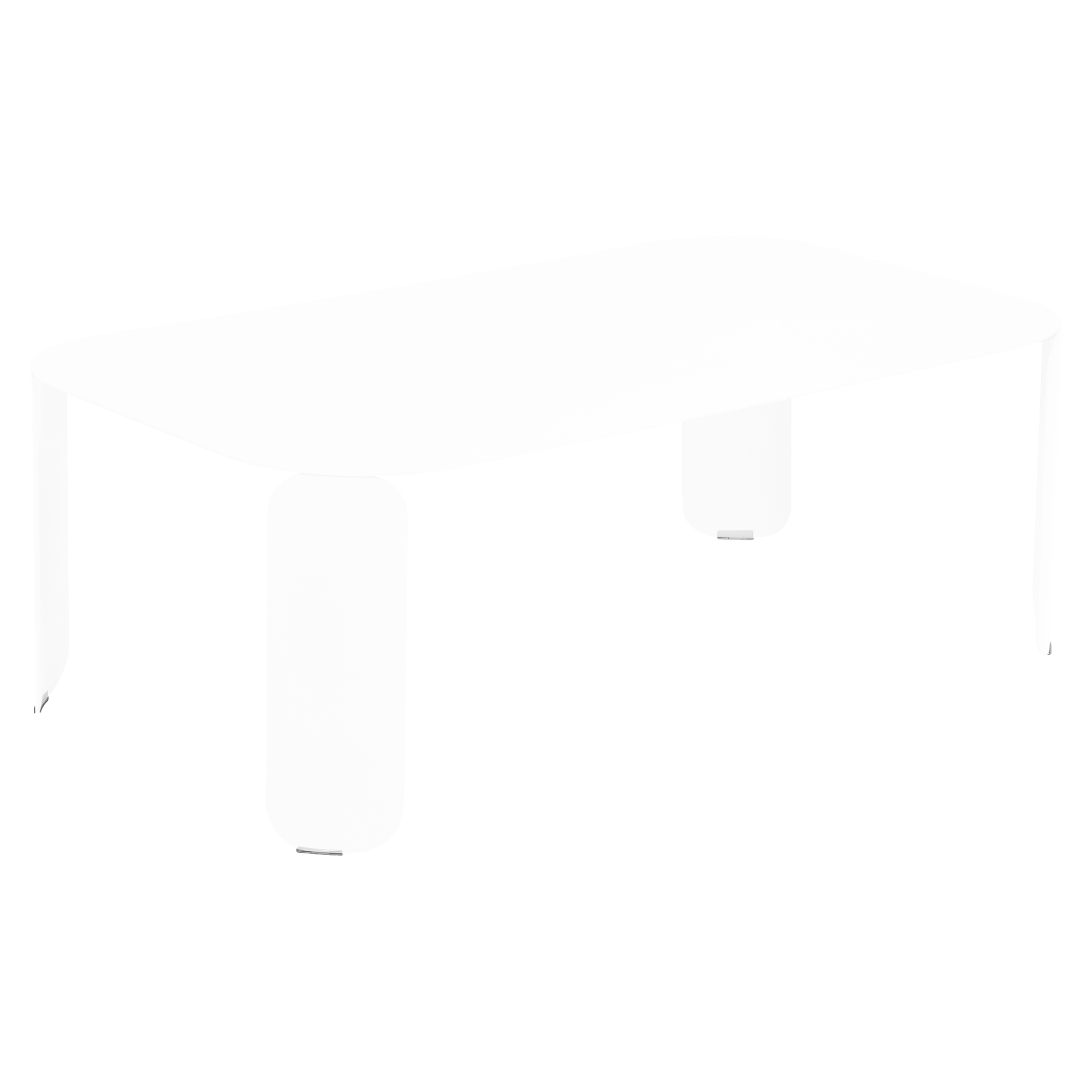 La Table basse Bebop rectangulaire est une table basse rectangulaire blanche aux angles arrondis et aux trois pieds apparents, présentée isolée sur un fond uni.